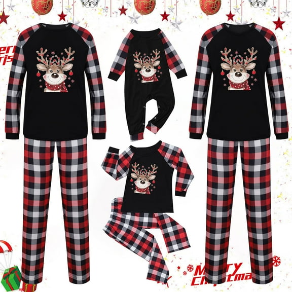 Odeerbi Christmas Pajamas for Family Holiday Plaid Long Sleeve Family Christmas Pajamas Matching Sets Dad Plaid Print Tops Pants Set Two-Piece Sleepwear Xmas Family Matching PJs Set Black