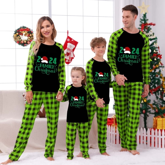 Odeerbi Christmas Pajamas for Family Holiday Plaid Long Sleeve Family Christmas Pajamas Matching Sets Mom Plaid Print Tops Pants Set Two-Piece Sleepwear Xmas Family Matching PJs Set Green