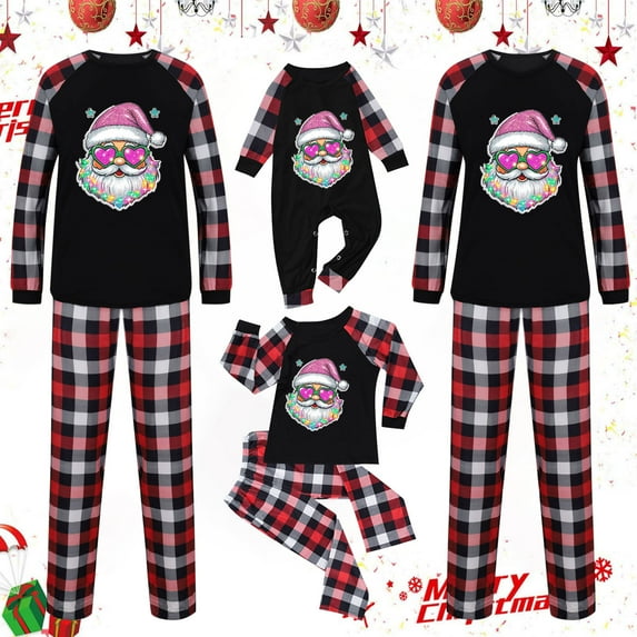 Odeerbi Christmas Pajamas for Family Holiday Plaid Long Sleeve Family Christmas Pajamas Matching Sets Mom Print Parent-child Suit Two-Piece Sleepwear Xmas Family Matching PJs Set Black