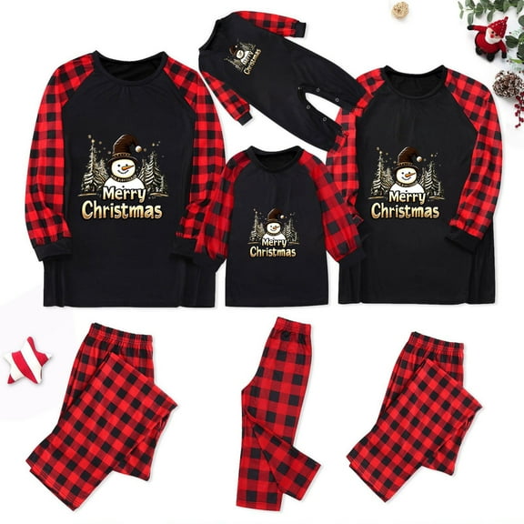 Odeerbi Christmas Pajamas for Family Holiday Plaid Long Sleeve Family Christmas Pajamas Matching Sets Toddler Merry Christmas Print Parent-child Suit Two-Piece Sleepwear Xmas PJs Set Red