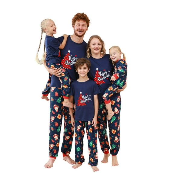 Odeerbi Christmas Pajamas for Family Holiday Short Sleeve Family Christmas Pajamas Matching Sets Dad Casual Print Top with Bottom Outfits Home Wear Sleepwear Family Matching PJs Set Blue