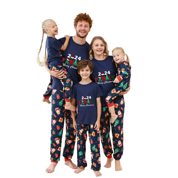 Odeerbi Christmas Pajamas for Family Holiday Short Sleeve Family Christmas Pajamas Matching Sets Dad Casual Print Top with Bottom Outfits Home Wear Sleepwear Family Matching PJs Set Blue