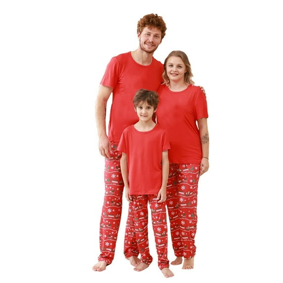 Odeerbi Christmas Pajamas for Family Holiday Short Sleeve Family Christmas Pajamas Matching Sets Dad Casual Solid Color Top with Bottom Outfits Home Wear Sleepwear PJs Set Red