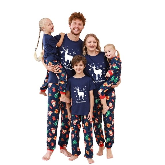 Odeerbi Christmas Pajamas for Family Holiday Short Sleeve Family Christmas Pajamas Matching Sets Infant Casual Print Top with Bottom Outfits Home Wear Sleepwear Family Matching PJs Set Blue