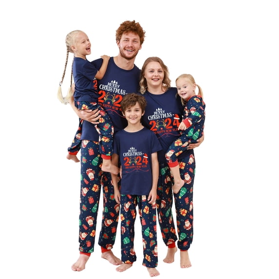 Odeerbi Christmas Pajamas for Family Holiday Short Sleeve Family Christmas Pajamas Matching Sets Kids Casual Print Top with Bottom Outfits Home Wear Sleepwear Family Matching PJs Set