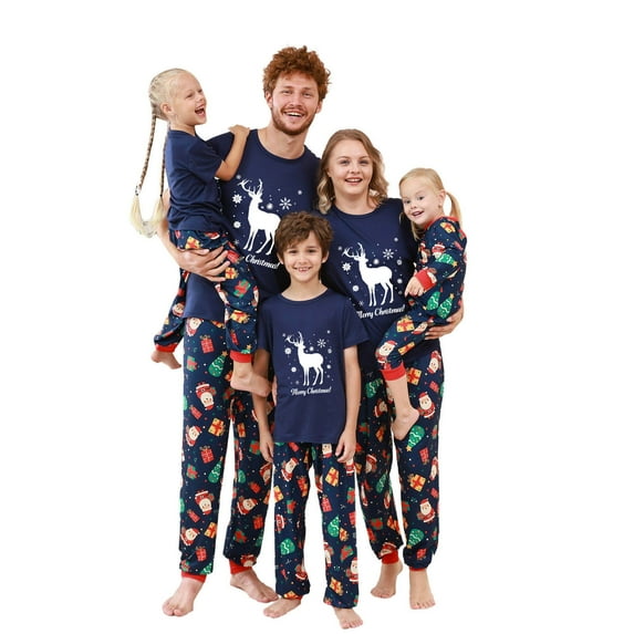 Odeerbi Christmas Pajamas for Family Holiday Short Sleeve Family Christmas Pajamas Matching Sets Kids Casual Print Top with Bottom Outfits Home Wear Sleepwear Family Matching PJs Set Blue