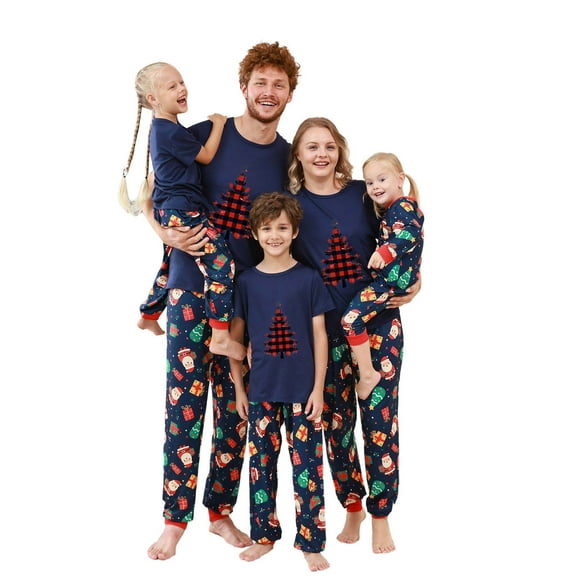 Odeerbi Christmas Pajamas for Family Holiday Short Sleeve Family Christmas Pajamas Matching Sets Mom Casual Print Top with Bottom Outfits Home Wear Sleepwear Family Matching PJs Set Blue