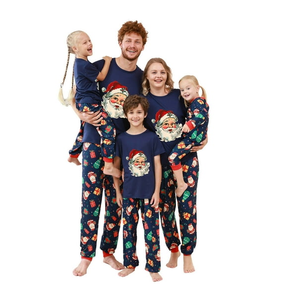 Odeerbi Christmas Pajamas for Family Holiday Short Sleeve Family Christmas Pajamas Matching Sets Mom Casual Print Top with Bottom Outfits Home Wear Sleepwear Family Matching PJs Set Blue