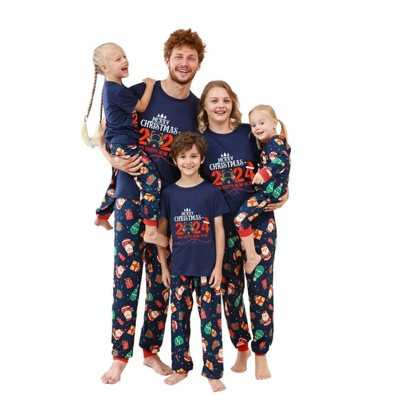 Odeerbi Christmas Pajamas for Family Holiday Short Sleeve Family Christmas Pajamas Matching Sets Infant Casual Print Top with Bottom Outfits Home Wear Sleepwear Family Matching PJs Set Blue