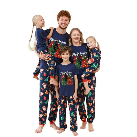 Odeerbi Christmas Pajamas for Family Holiday Short Sleeve Family Christmas Pajamas Matching Sets Mom Casual Print Top with Bottom Outfits Home Wear Sleepwear Family Matching PJs Set Blue