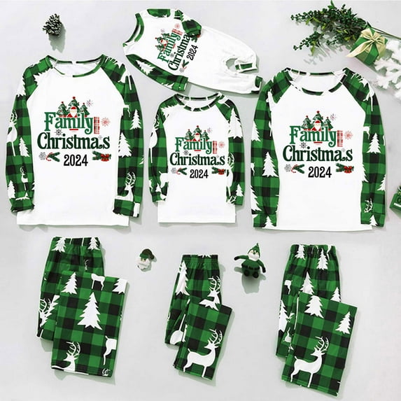 Odeerbi Christmas Pajamas for Family Plaid Holiday Long Sleeve Family Christmas Pajamas Matching Sets Kids Fashion Plaid Print Tops Pants Sleepwear Xmas Family Matching PJs Set Green