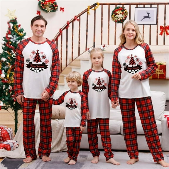 Odeerbi Christmas Pajamas for Family Plaid Holiday Long Sleeve Family Christmas Pajamas Matching Sets Dad Fashion Plaid Print Blouse Tops Pants Sleepwear Xmas Family Matching PJs Set Red