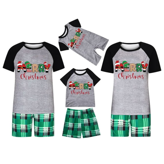 Odeerbi Christmas Pajamas for Family Plaid Holiday Short Sleeve Family Christmas Pajamas Matching Sets Infant Christmas Parent Child Sleepwear Outfit Printed Family Matching PJs Set Green
