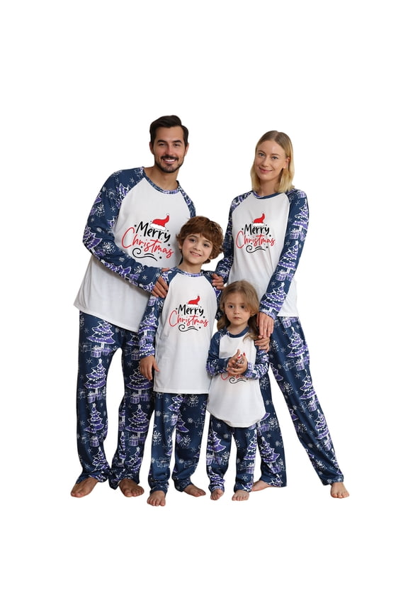 Christmas Pajamas For Family Boys Girls Parent-Child Warm Suit Homewear Long-Sleeved Trousers Two-Piece Se Kids Navy