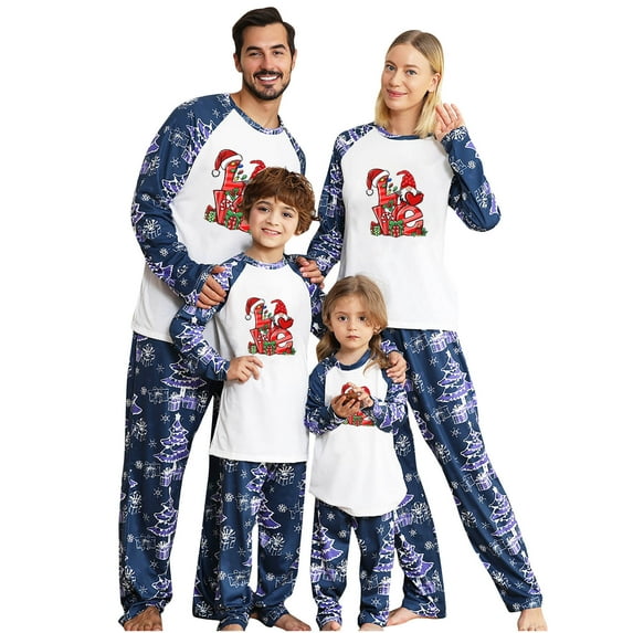 Odeerbi Christmas Pajamas For Family Boys Girls Parent-child Warm Set Printed Home Wear Two-piece Kid Set Blue