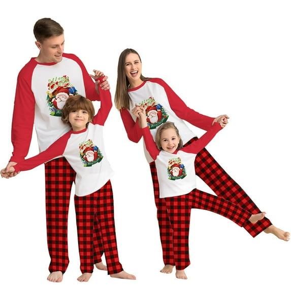 Odeerbi Christmas Pajamas For Family Matching Outfits Fashion Long Sleeves Women Plaid Printed Top+Pants Set
