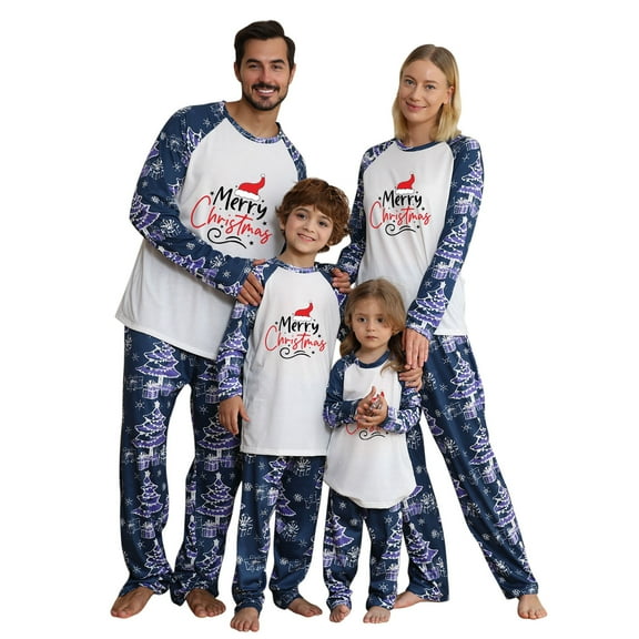 Odeerbi Christmas Pajamas For Family Men Parent-Child Warm Suit Homewear Long-Sleeved Trousers Two-Piece Set Dad Navy