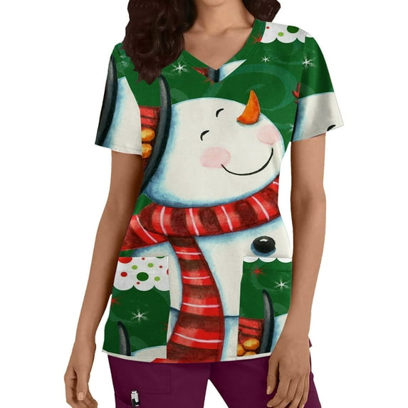 Odeerbi Christmas Scrub Shirts for Women 2024 Fashion Short Sleeve V-Neck Printing Scrub Tops Working Uniform With Pocket Green
