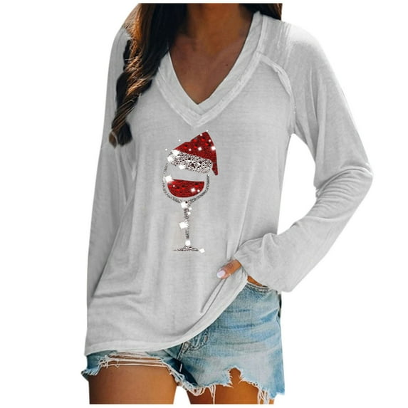 Odeerbi Christmas Shirts Fashion Women 2025 Casual V-Neck Christmas Printed Long-sleeved T-shirt Gray