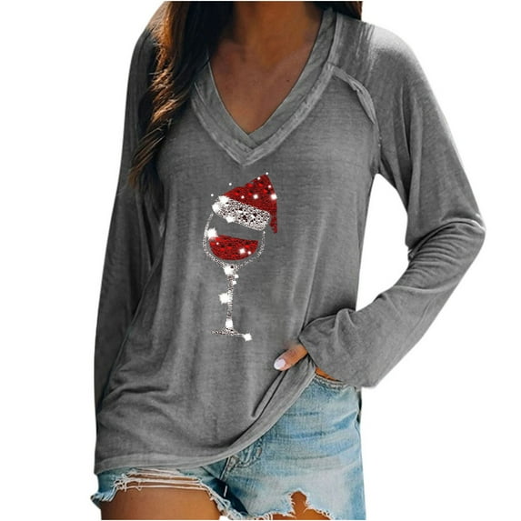 Odeerbi Christmas Shirts Fashion Women Casual V-Neck Christmas Printed Long-sleeved T-shirt Gray