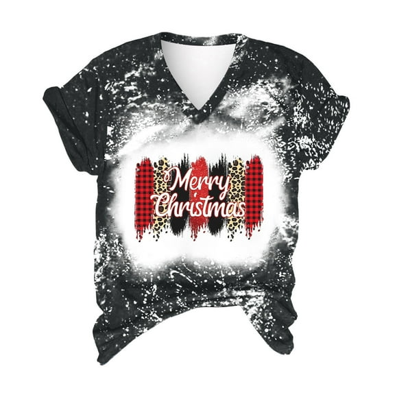 Odeerbi Christmas Shirts For Women 2025 Casual Print Loose Short Sleeve V-Neck Tops Black