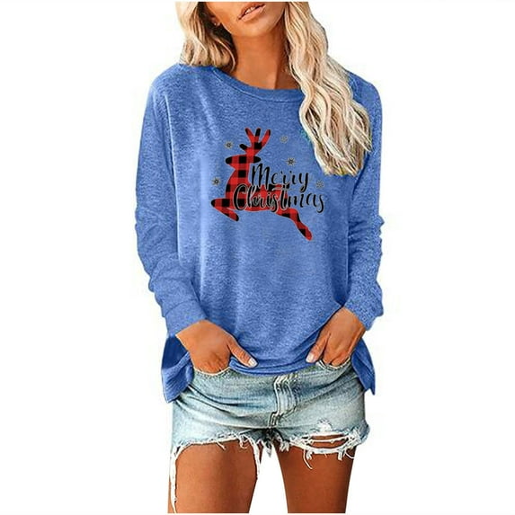 Odeerbi Christmas Shirts For Women Long Sleeve Tops Merry Christmas Solid Print Round Neck Round Neck Top Blue