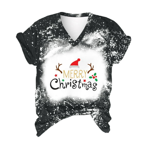 Odeerbi Christmas Shirts For Women 2025 Casual Print Loose Short Sleeve V-Neck Tops Black
