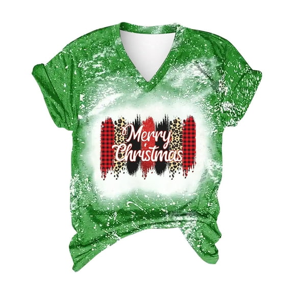 Odeerbi Christmas Shirts For Women 2025 Casual Print Loose Short Sleeve V-Neck Tops Black