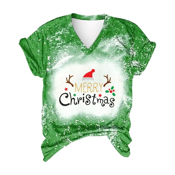 Odeerbi Christmas Shirts For Women 2025 Casual Print Loose Short Sleeve V-Neck Tops Green