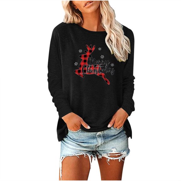Odeerbi Christmas Shirts For Women 2025 Long Sleeve Tops Merry Christmas Solid Print Round Neck Round Neck Top Black