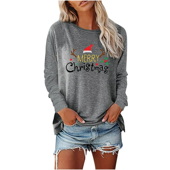 Odeerbi Christmas Shirts For Women 2025 Long Sleeve Tops Merry Christmas Solid Print Round Neck Round Neck Top Gray