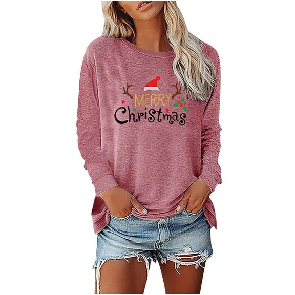 Odeerbi Christmas Shirts For Women 2025 Long Sleeve Tops Merry Christmas Solid Print Round Neck Round Neck Top Pink