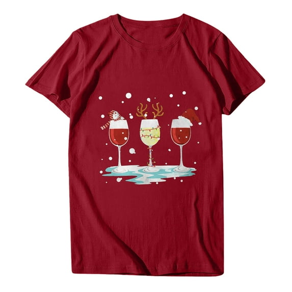 Odeerbi Christmas Shirts For Women Crewneck Tops Fashion Short Sleeve Printing 2025 Casual Blouse Burgundy