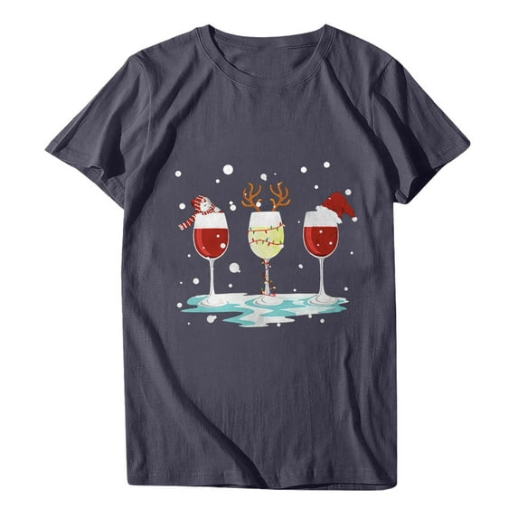 Odeerbi Christmas Shirts For Women Crewneck Tops Fashion Short Sleeve Printing 2025 Casual Blouse Dark Gray