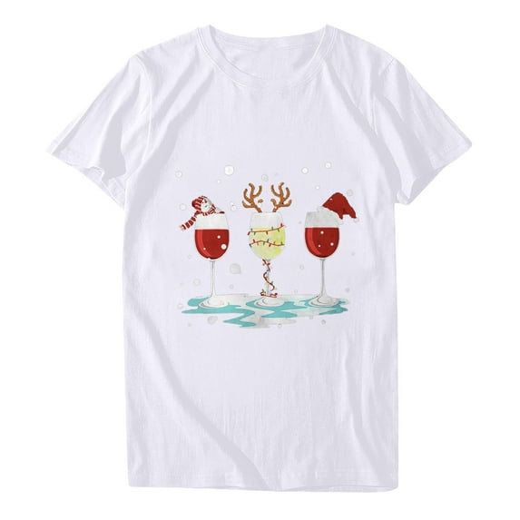 Odeerbi Christmas Shirts For Women Crewneck Tops Fashion Short Sleeve Printing 2025 Casual Blouse White