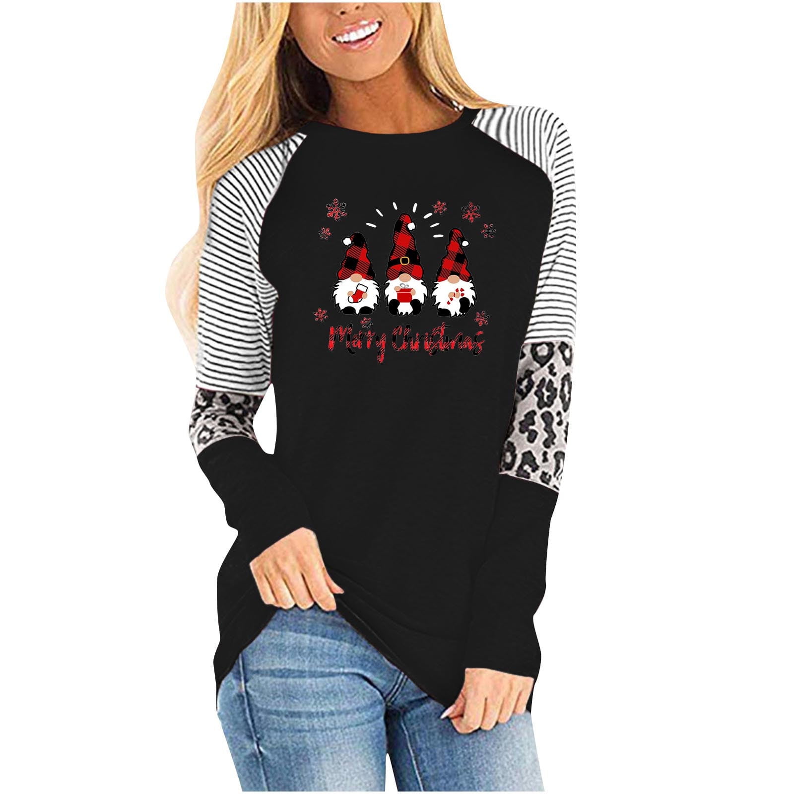 Odeerbi Christmas Shirts For Women Long Sleeve Tops Fashion Round Neck ...