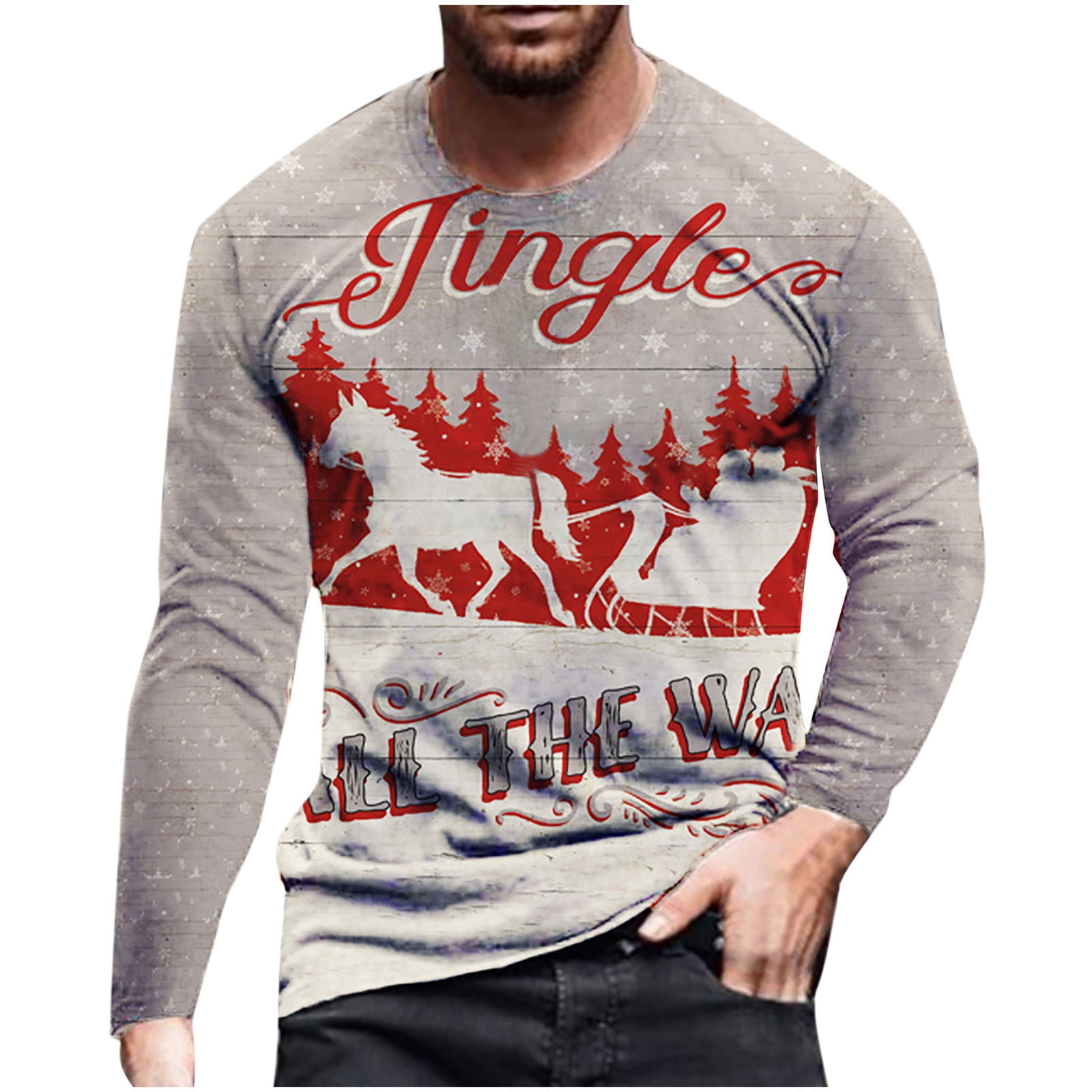 Odeerbi Christmas Shirts for Men Long Sleeve Tops Round Neck Funny