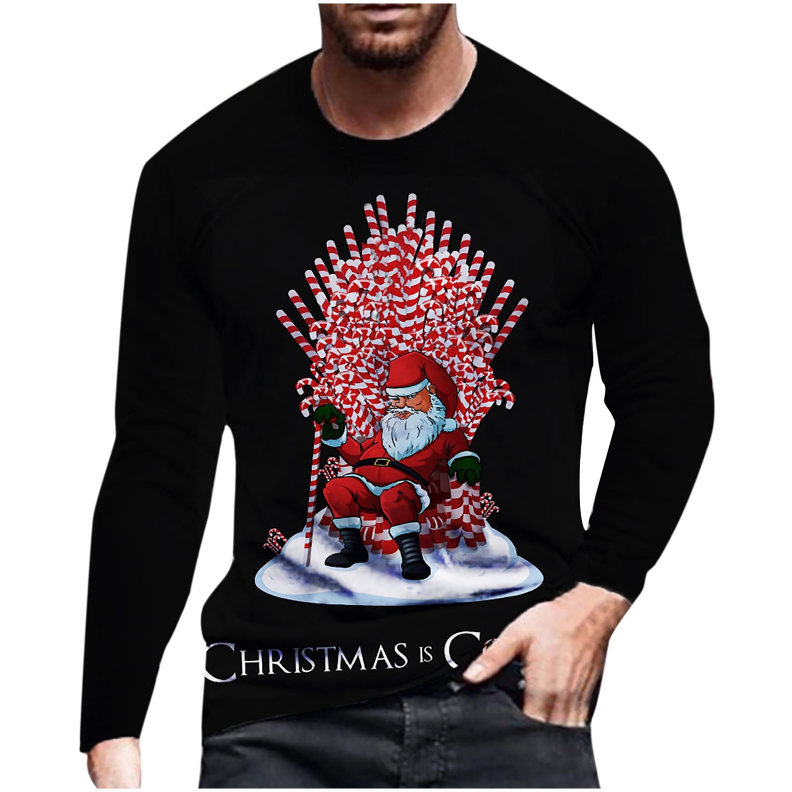 Odeerbi Christmas Shirts for Men Long Sleeve Tops Round Neck Funny