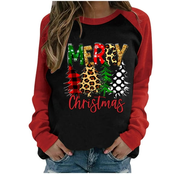 Odeerbi Christmas Shirts for Women 2025 Long Sleeve Tops Round Neck Color Block Merry Chriasmas Printing Blouse