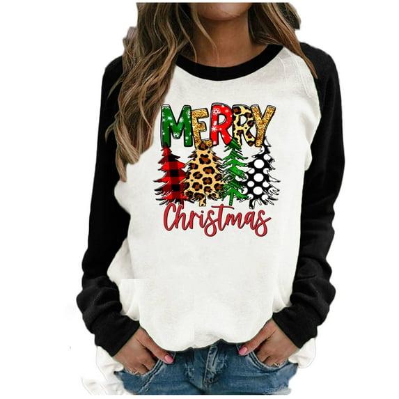 Odeerbi Christmas Shirts for Women 2025 Long Sleeve Tops Round Neck Color Block Merry Chriasmas Printing Blouse