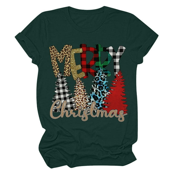 Odeerbi Christmas Shirts for Women 2025 Casual Round Neck Short-sleeved Christmas Tree Printed Top Green
