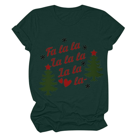 Odeerbi Christmas Shirts for Women 2025 Casual Round Neck Short-sleeved Christmas Tree Printed Top Green