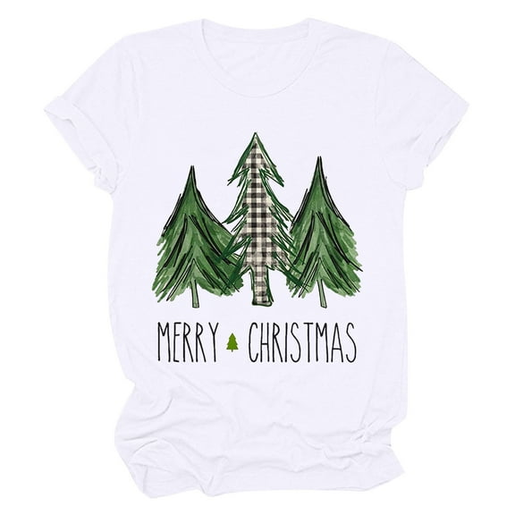 Odeerbi Christmas Shirts for Women 2025 Casual Round Neck Short-sleeved Christmas Tree Printed Top White