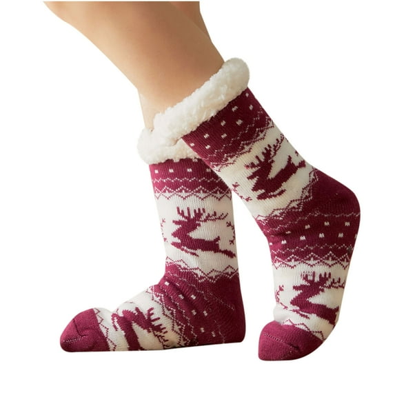 Odeerbi Christmas Socks Women Winter Thick Slipper Socks With Grippers Non Slip Warm Plush Socks Purple
