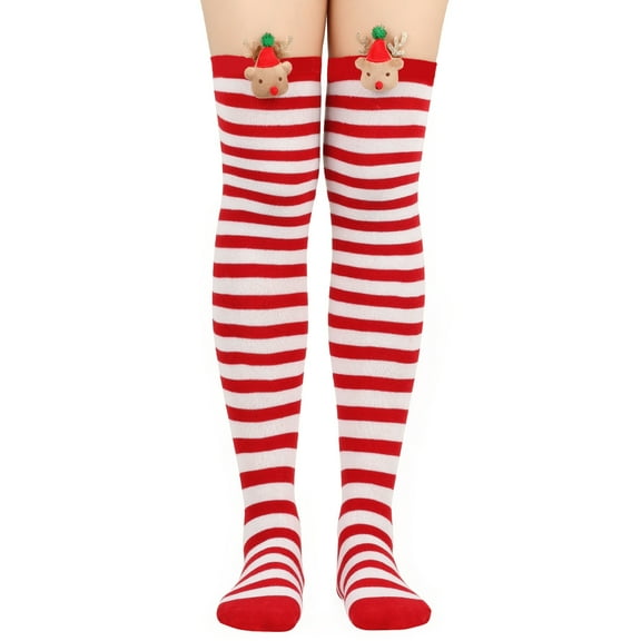 Odeerbi Christmas Socks for Women 2025 Thigh High Socks Long Tube Knee Socks Striped Garter Cute Accessories Party Red