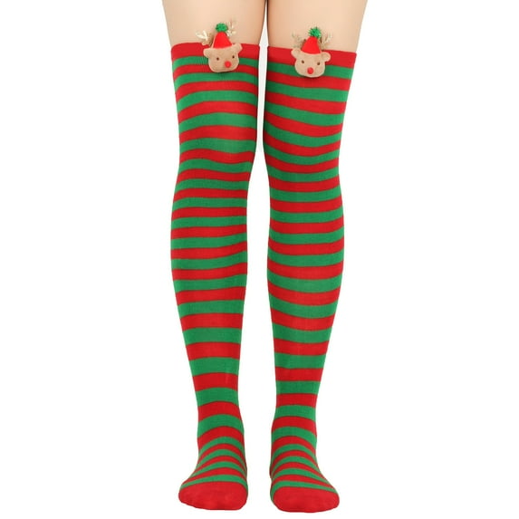 Odeerbi Christmas Socks for Women Thigh High Socks Long Tube Knee Socks Striped Garter Cute Accessories Party Red