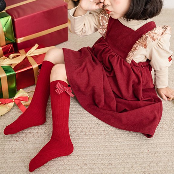 Odeerbi Christmas Striped Socks for Kids Boys Girls Bowknot Mid-Calf Socks Fall Winter 2025 New Year's Red Socks Christmas Gift Stockings 3-12 Years Red