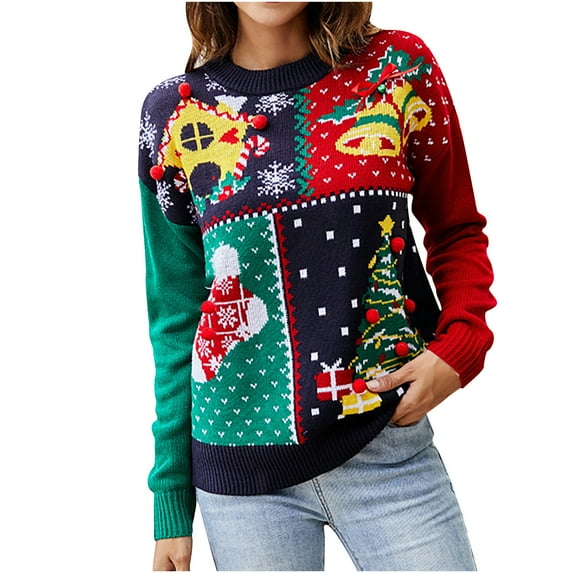 Odeerbi Christmas Sweater Ladies Round Neck 2024 Long Sleeve Knitted Pullover Snowflake Christmas Tree Christmas Sweater Navy