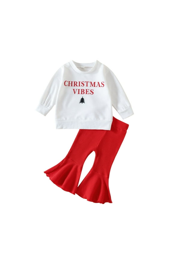Christmas Sweatshirt For Girls Toddler Outfits 2025 Long Sleeve Letters Print Tops With Flared Pants Fall Outfits White