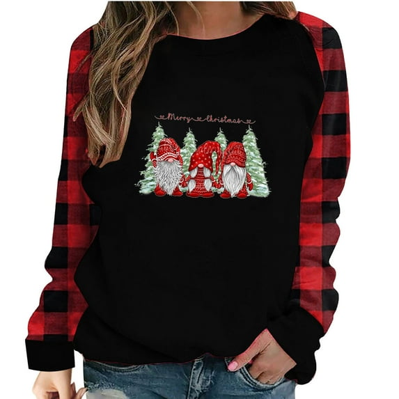 Odeerbi Christmas Tops For Women 2025 Long Sleeve Blouses Plaid Print Splicing Round Neck Pullover Shirt T-Shirt Black